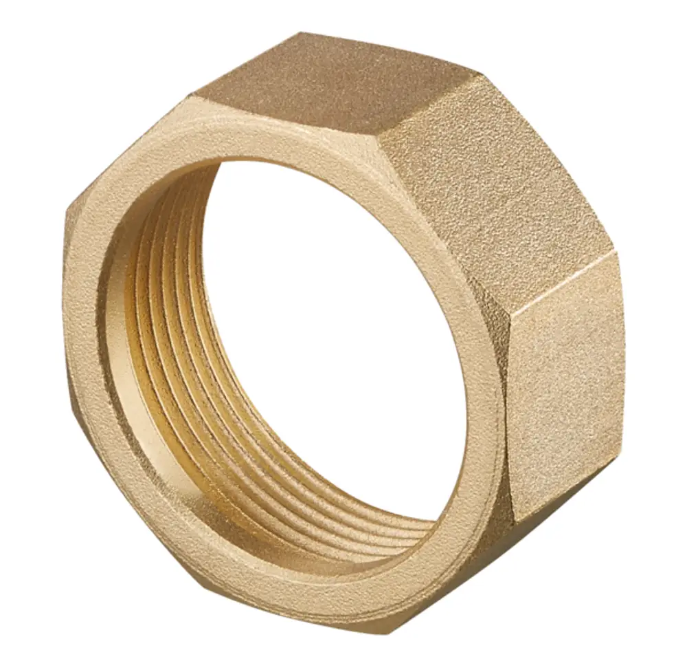 Mutter mit sechseckigem Kopf und Innengewinde. Produkt von Oventrop zur Verbindung von Rohrleitungen. Farbe: Messing.